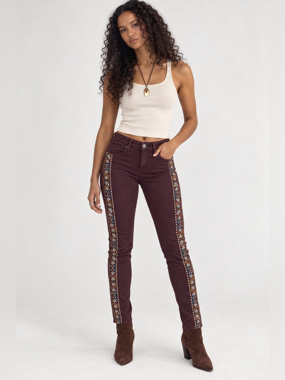 NWOT Driftwood Anthropologie Jackie Burgundy Embroidered Stripe Skinny Jeans 2
